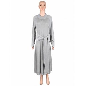 Modern Citizen L Gray Ribbed Knit Tie Waist Maxi Sweater Dress